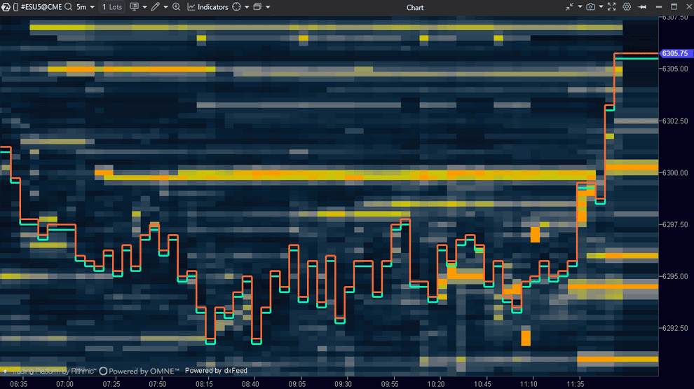 ATAS 真實 Heatmap 圖表，顯示價格走勢與流動性分布